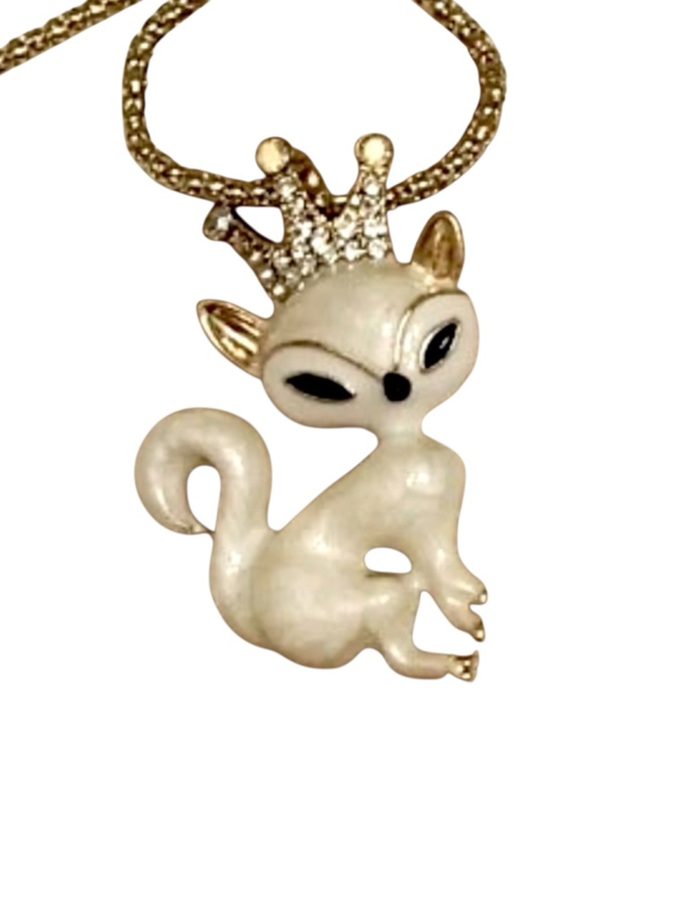 Crowned Fox Pendant Necklace Crystal & Cream Colored Enamel